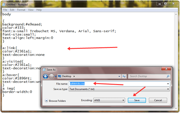 save css in notepad