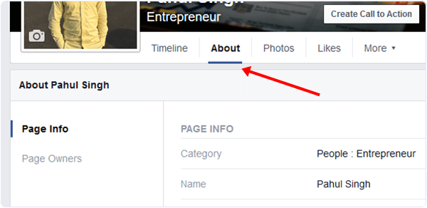 facebook page about settings