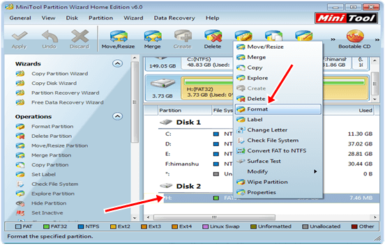drive format option in partition wizard tool
