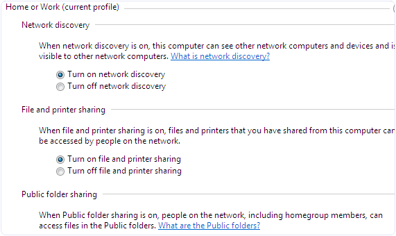 Windows Network Discovery File Sharing Media settings