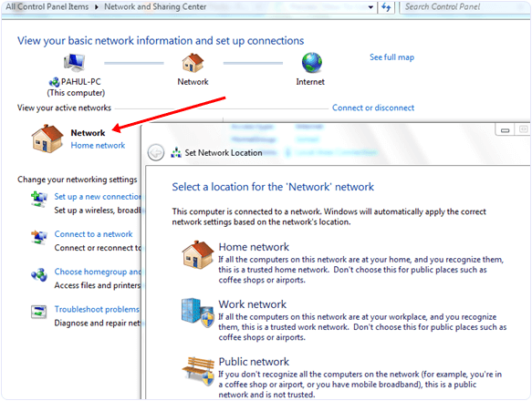 Windows workgroup network location settings