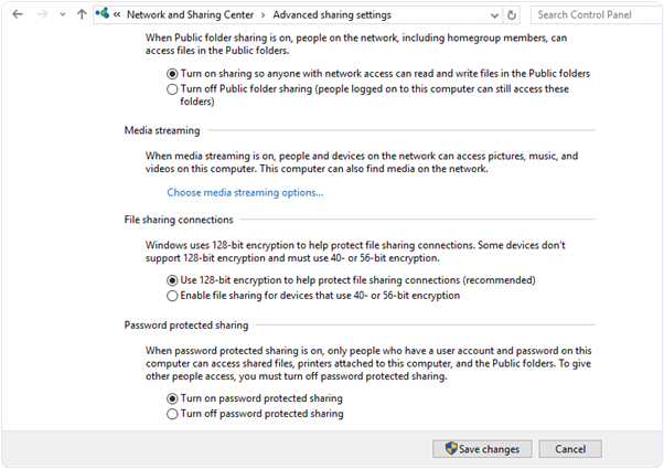 Windows network sharing advance settings 