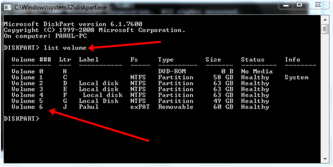 Windows cmd diskpart option