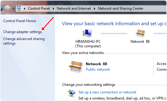 Change Adapter Settings Option