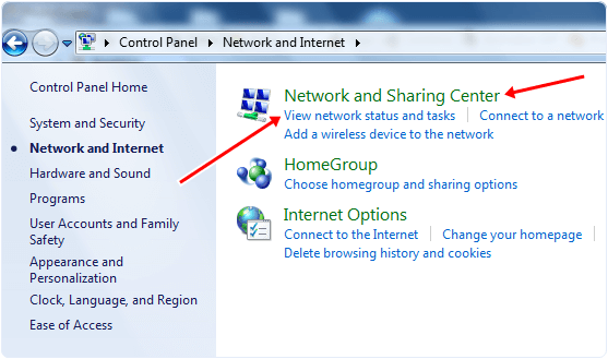 Network And Sharing Center Option