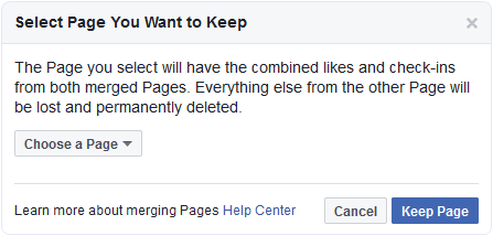 Facebook select pages to merge