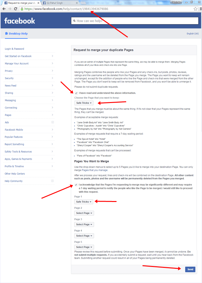 merge facebook request form email support