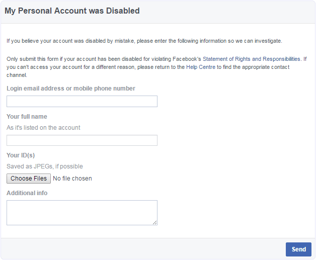 facebook account disabled appeal form