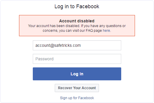 facebook account disabled message