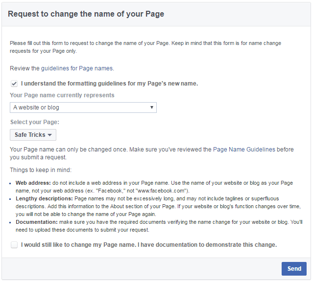 change name facebook page request form