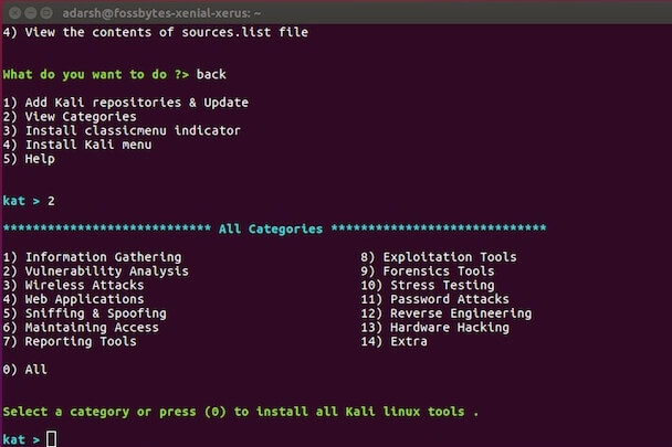 install kali linux tools categories