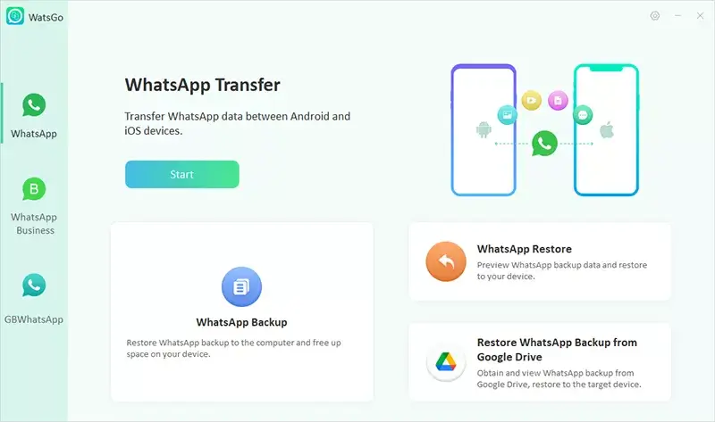 Launch iToolab WatsGo and Select WhatsApp Transfer